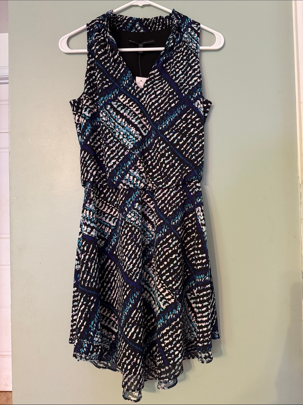 White House Black Market Black, Blue & White Printed Sleeveless Midi Dress